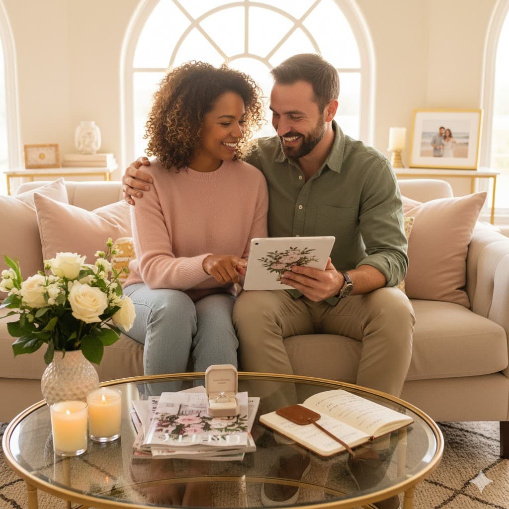 Happy couple using Pai AI wedding planner to plan their wedding stress-free